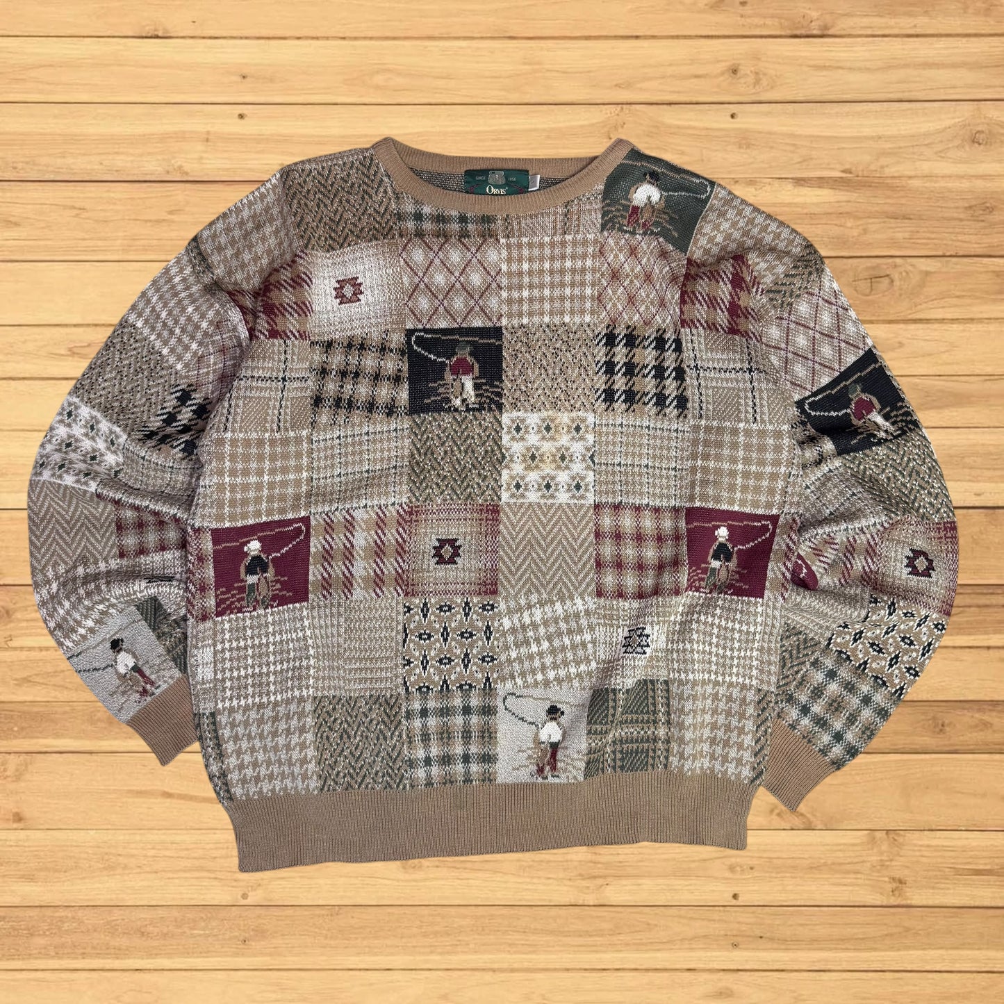 vintage orvis patchwork fly fishing sweater crewneck (medium)
