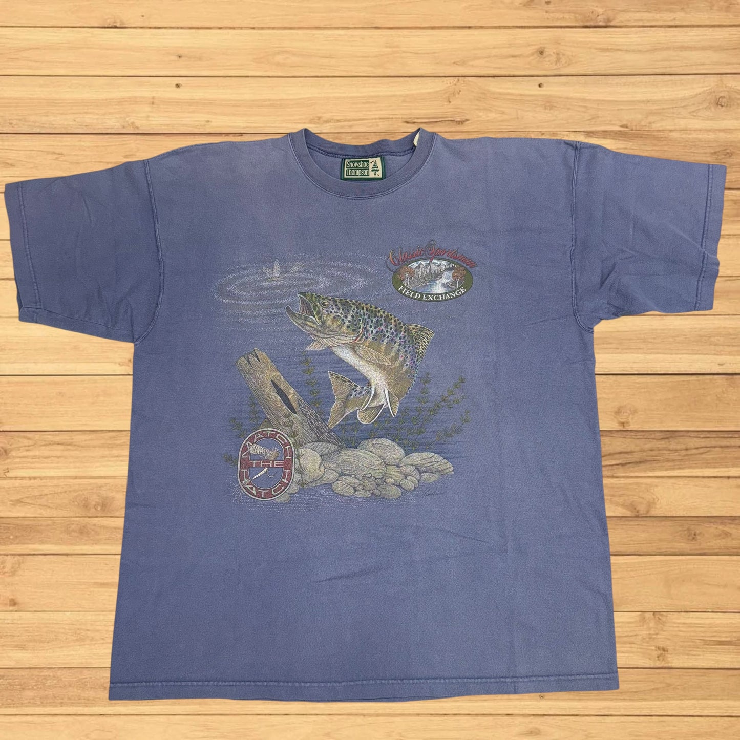 vintage trout fishing t shirt snowshoe thompson (XL)