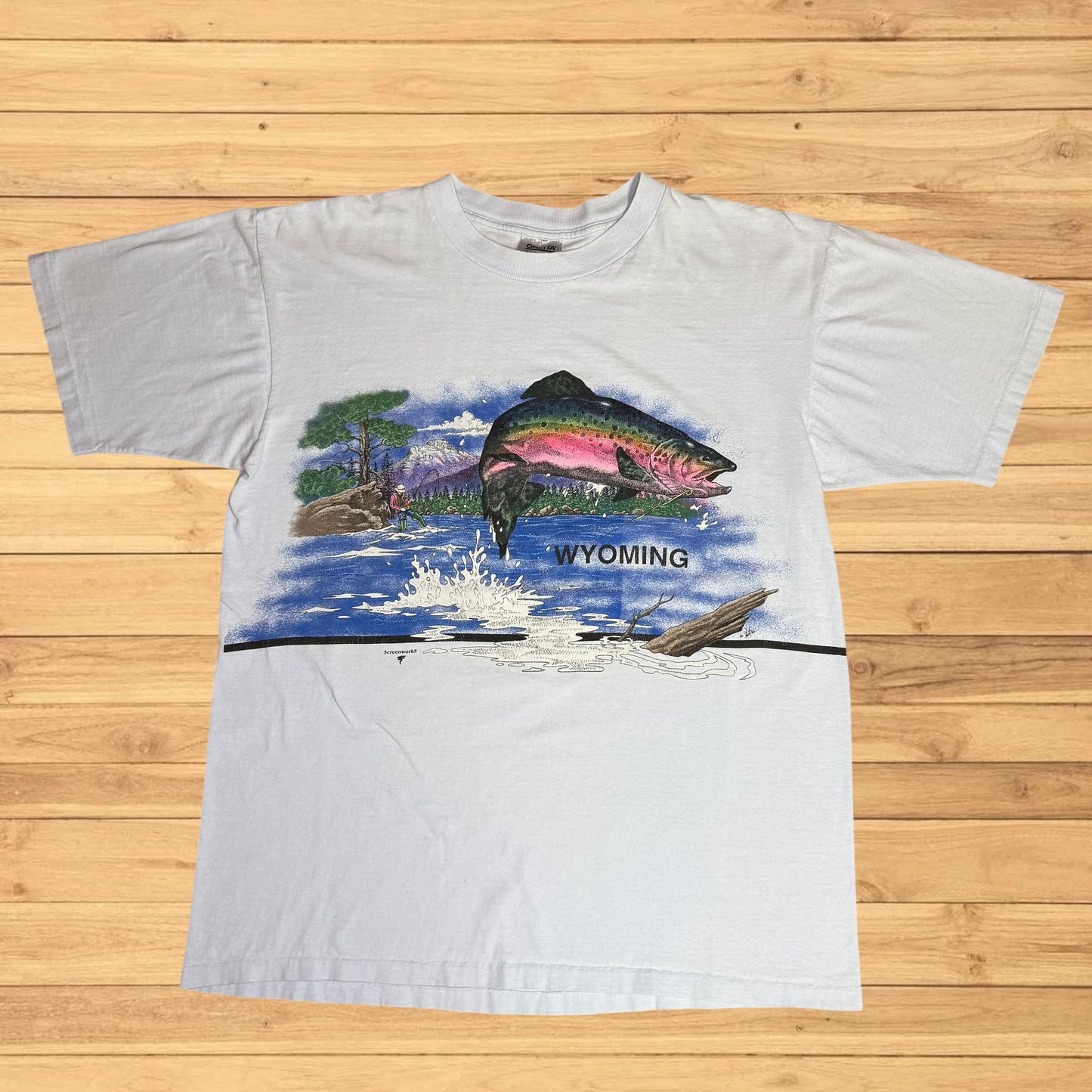 vintage wyoming fishing trout t shirt wrap around print